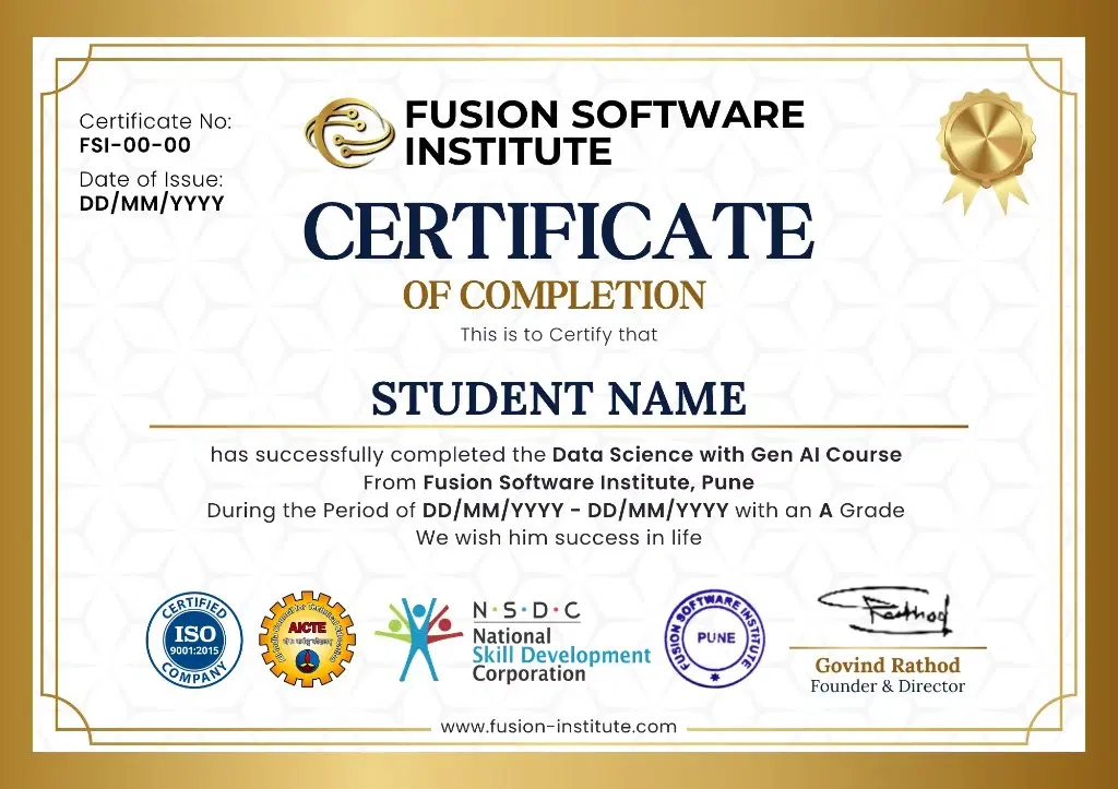 Fusion Software Institute Java Full Stack Development certificate sample